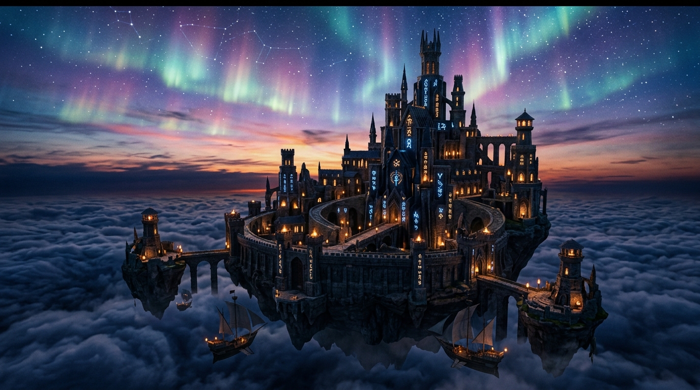 High Fantasy Floating Citadel and Aurora